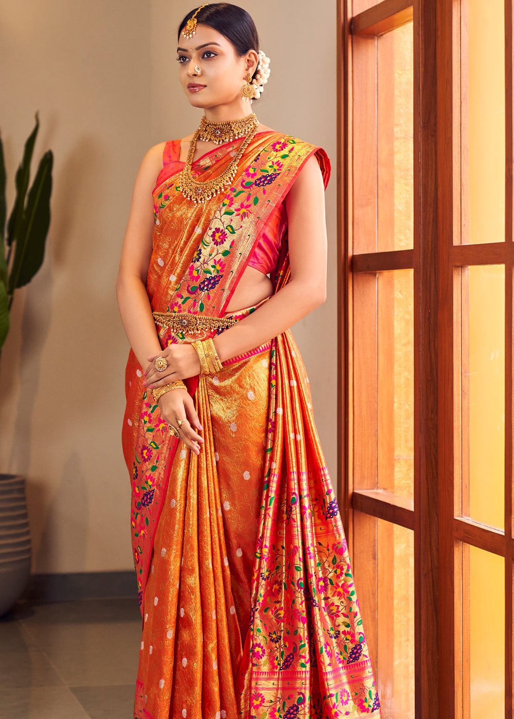 Ochre Orange Woven Paithani Silk Saree