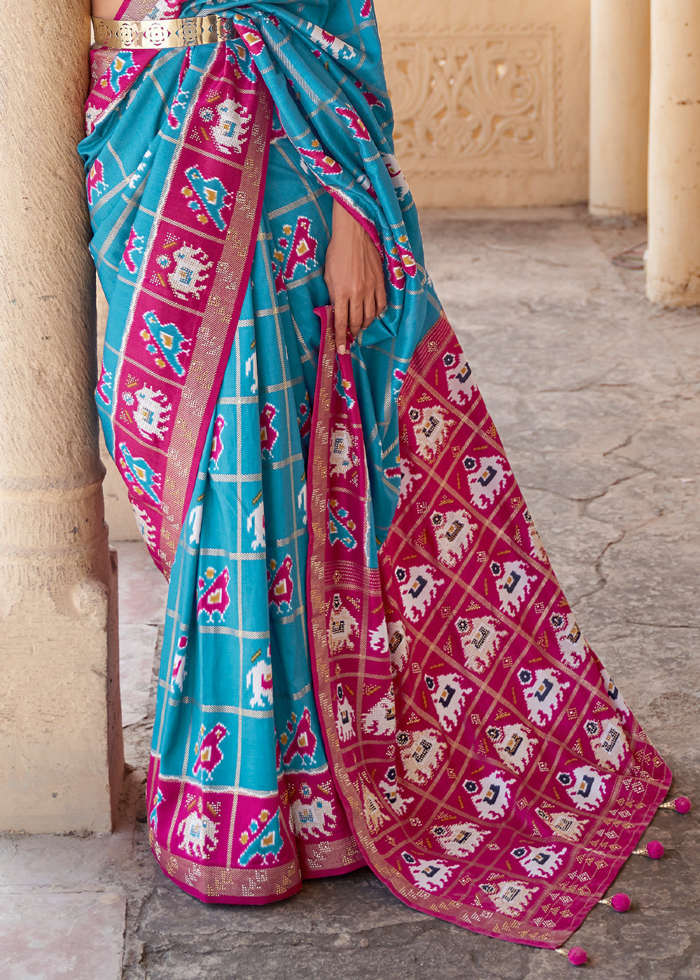 Blue Chill and Pink Printed Patola Silk Saree