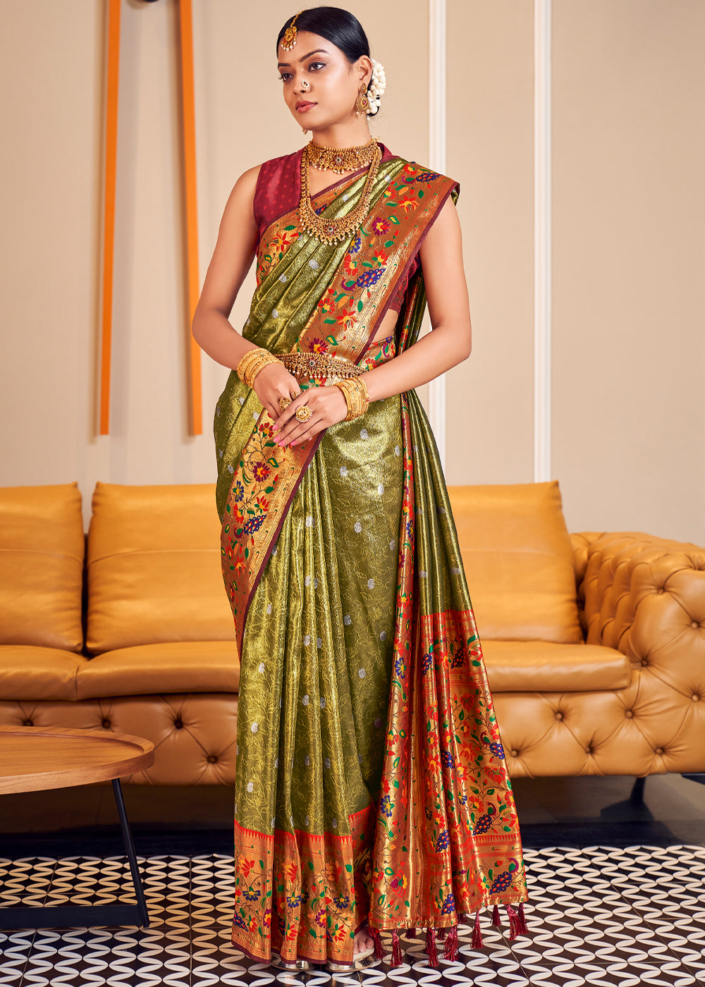 Teak Green Shine Woven Paithani Silk Saree