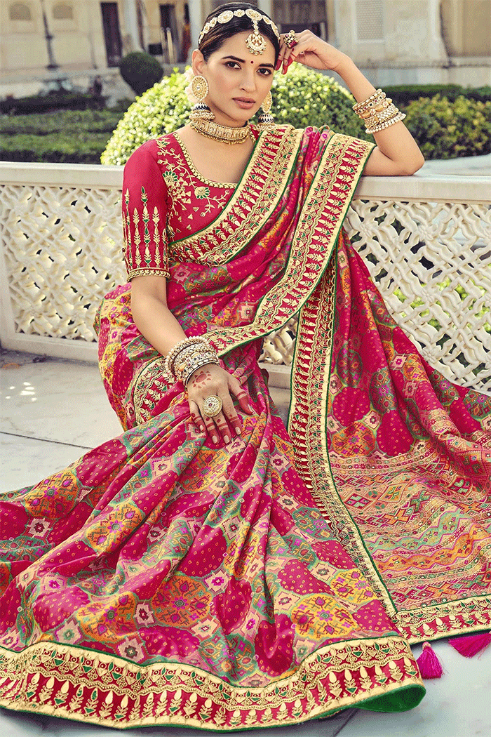 Mahogany Pink Zari Woven Bandhej Patola Saree With Designer Blouse