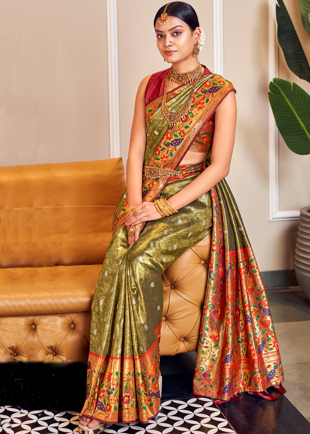 Teak Green Shine Woven Paithani Silk Saree