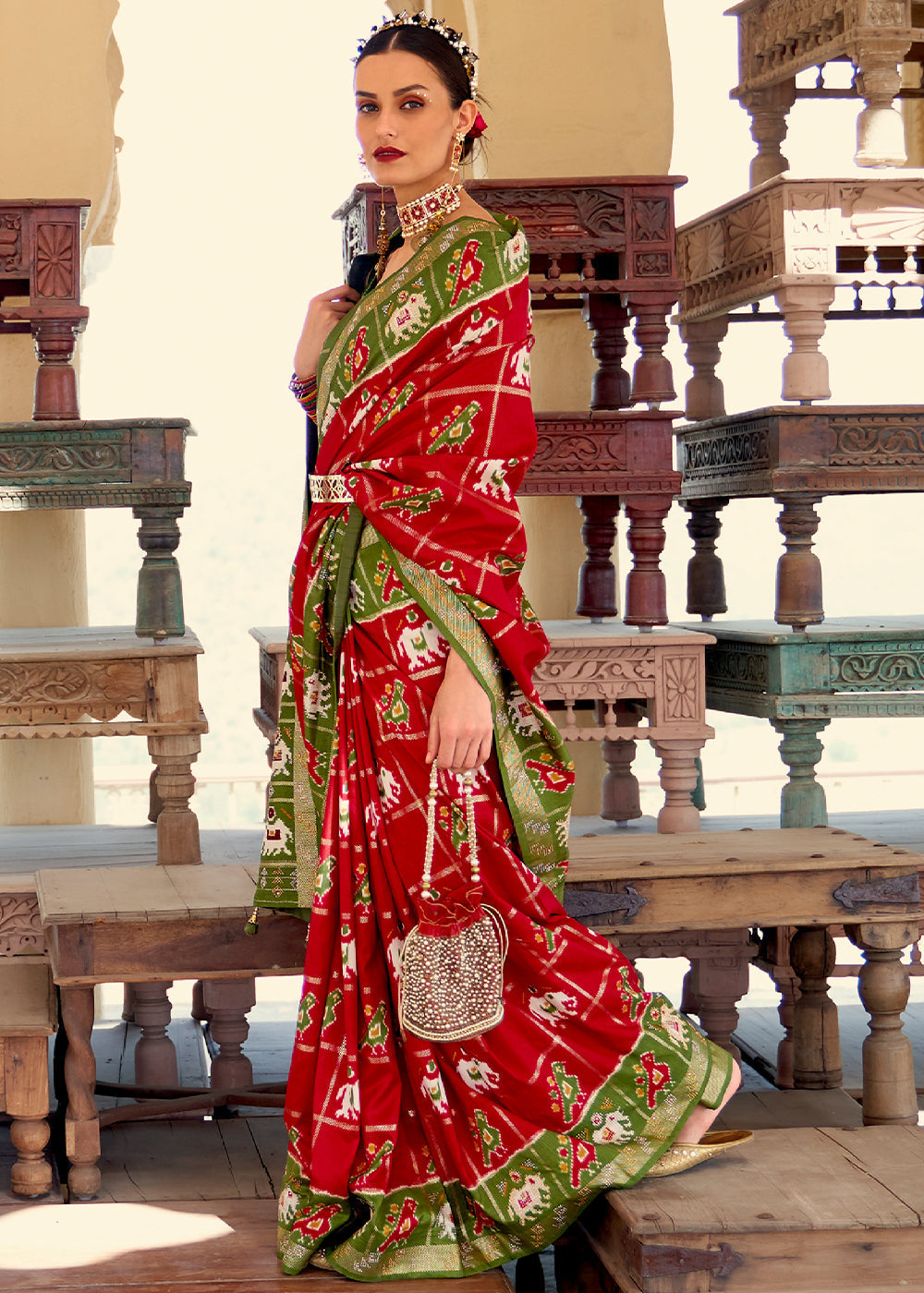 Mojo Red and Green Printed Patola Silk Saree