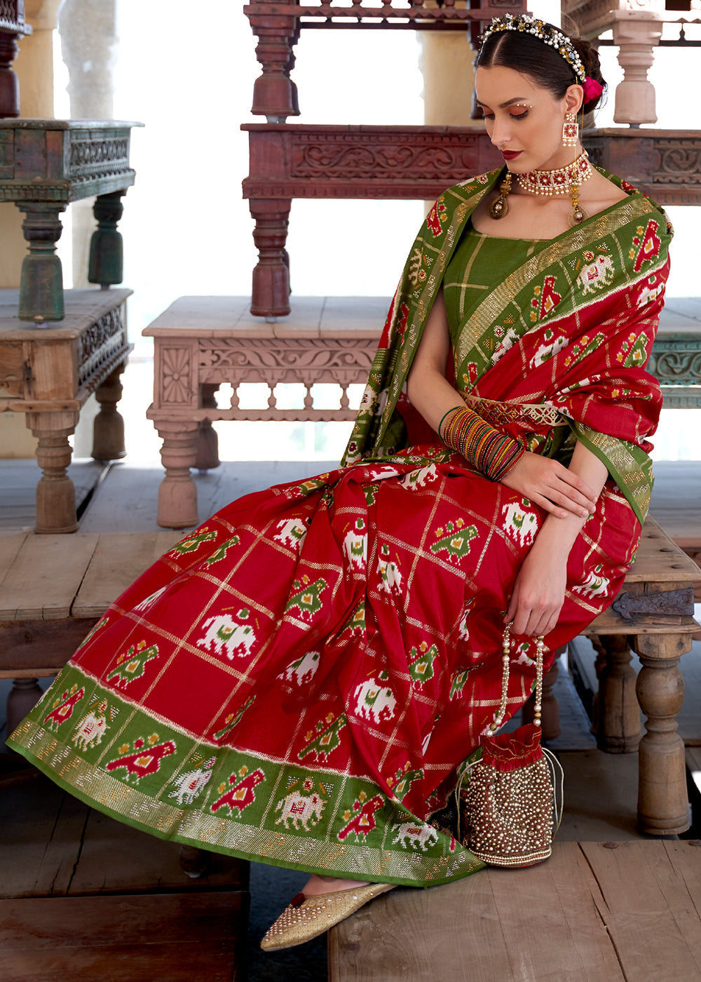 Mojo Red and Green Printed Patola Silk Saree