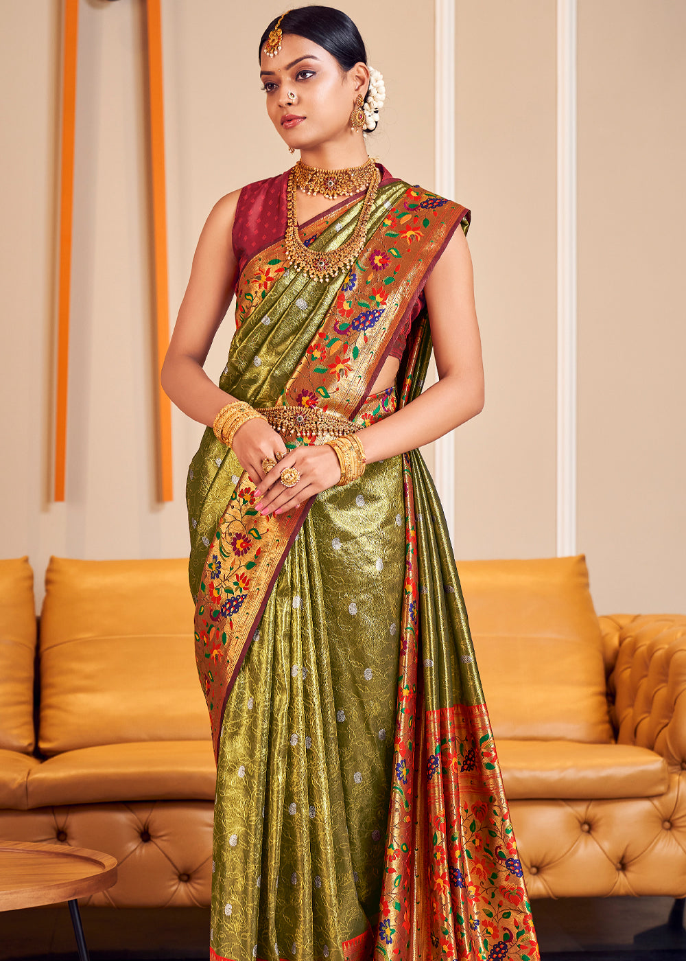 Teak Green Shine Woven Paithani Silk Saree