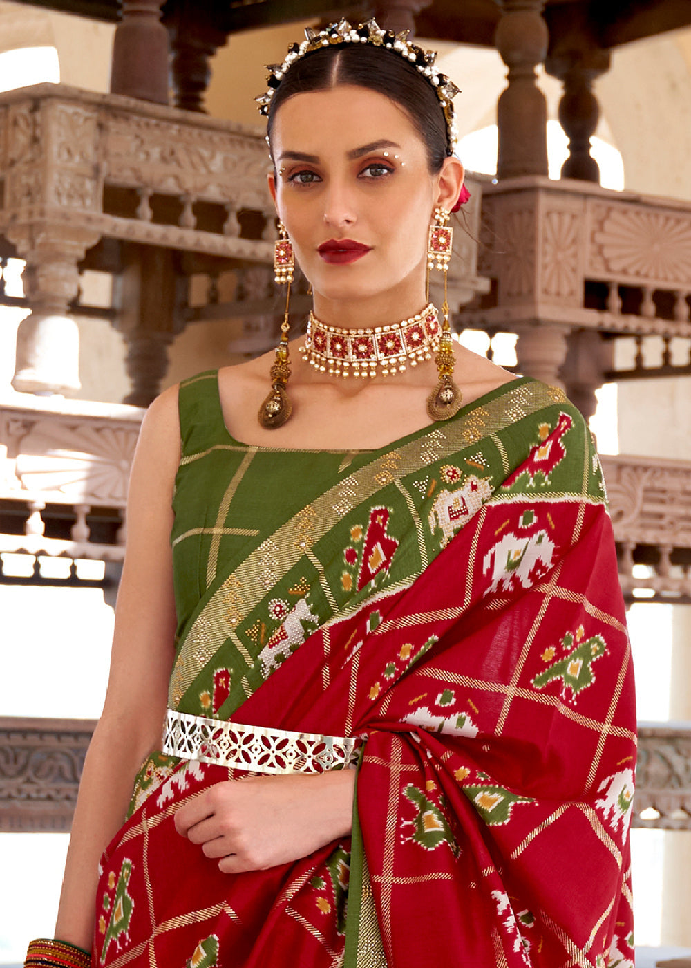 Mojo Red and Green Printed Patola Silk Saree