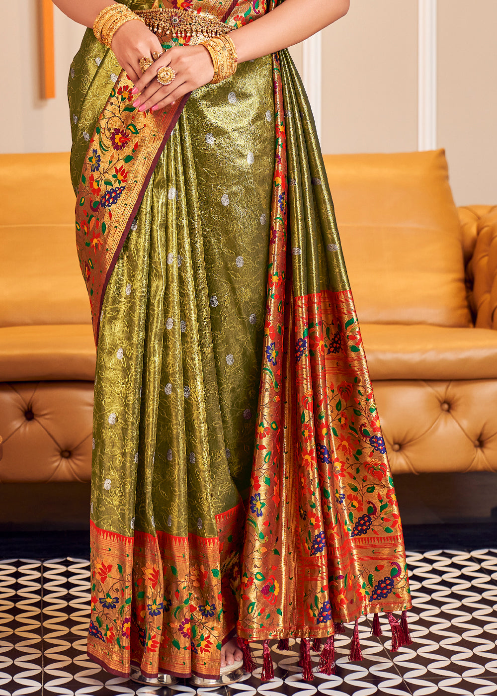 Teak Green Shine Woven Paithani Silk Saree