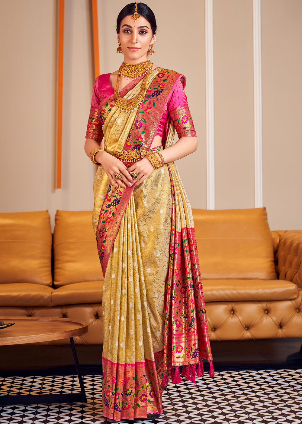 Cream Brulee Golden Woven Paithani Silk Saree