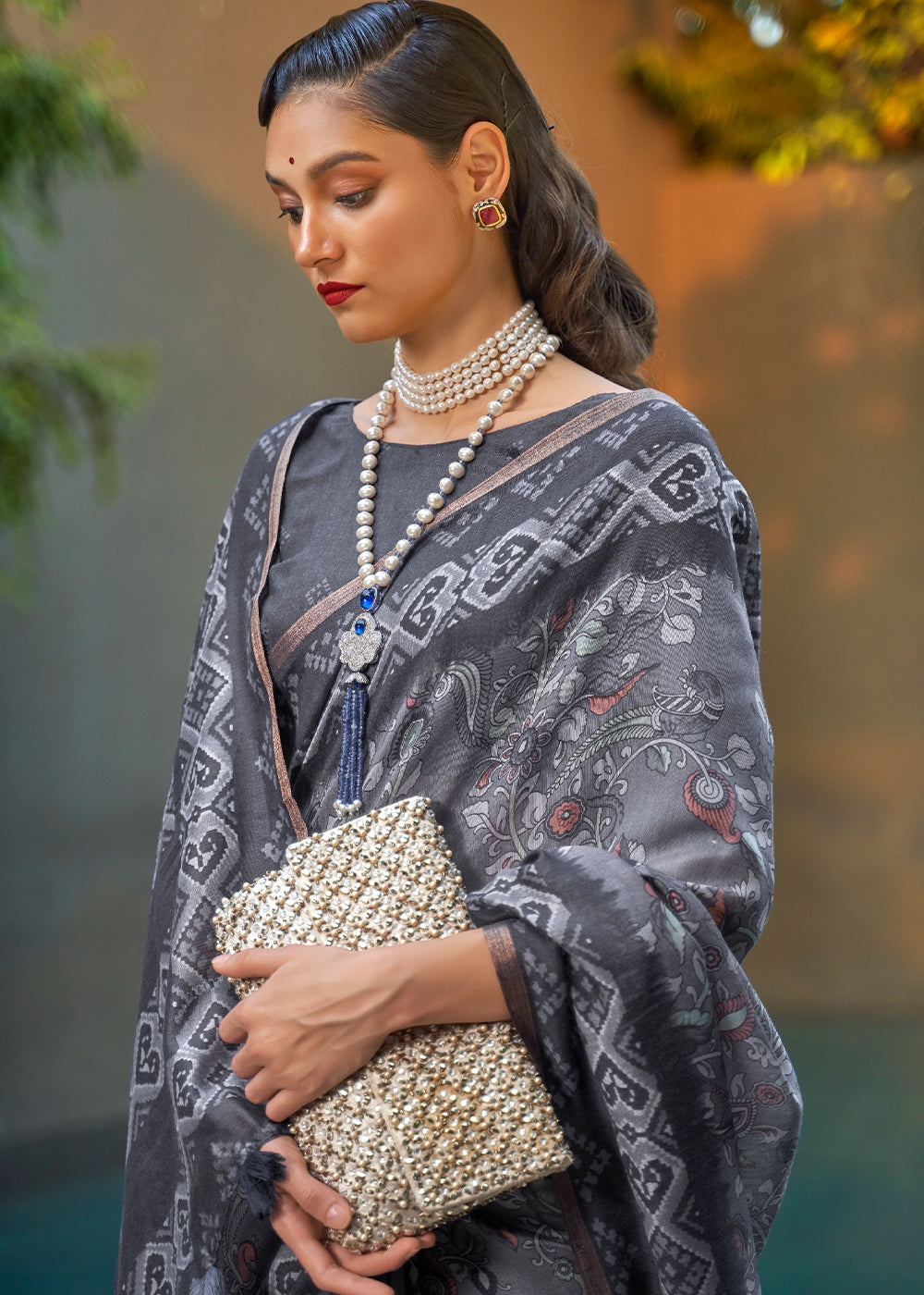 Waterloo Grey Floral Printed Cotton Saree