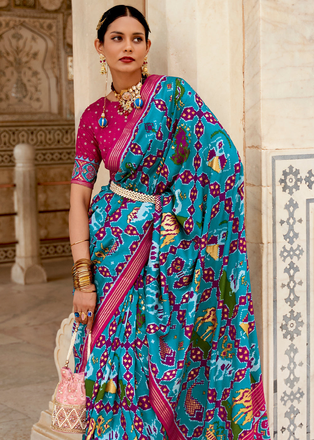 Eastern Blue and Pink Cotton Patola Printed Saree