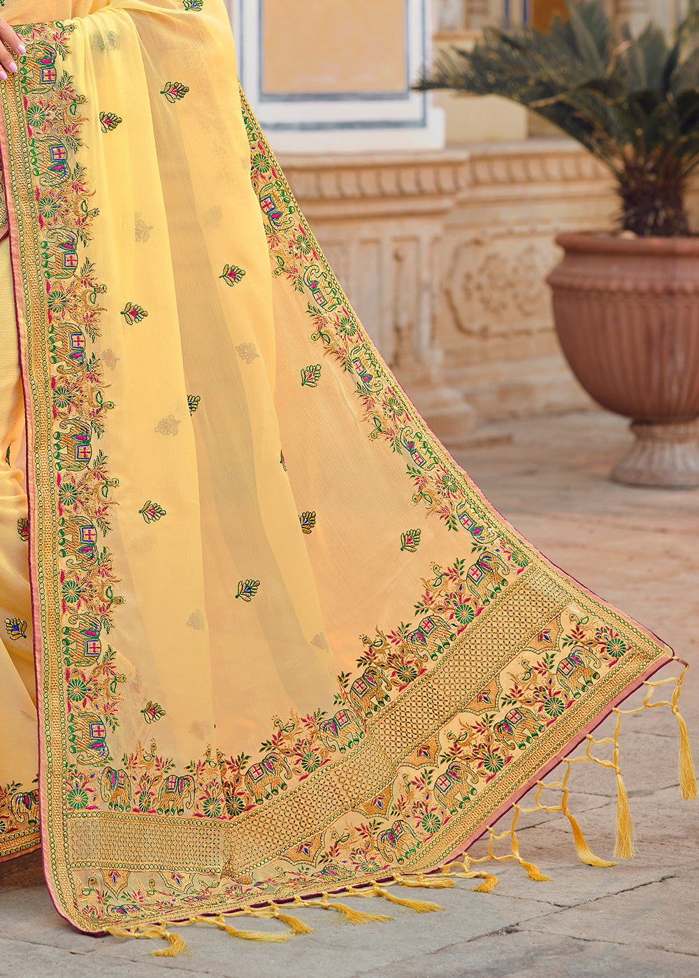 Haze Yellow Woven Organza Saree with Embroidery Work