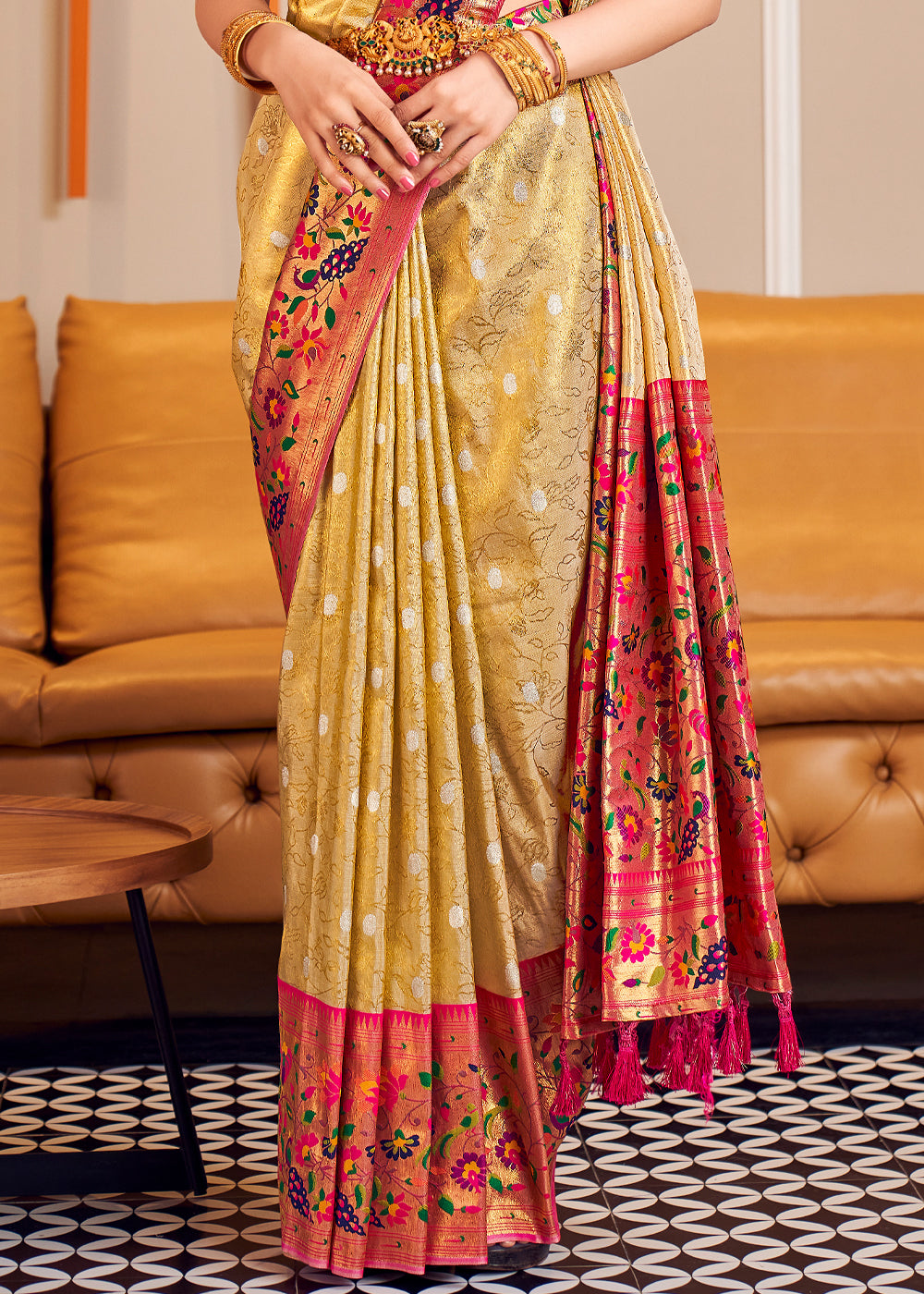 Cream Brulee Golden Woven Paithani Silk Saree