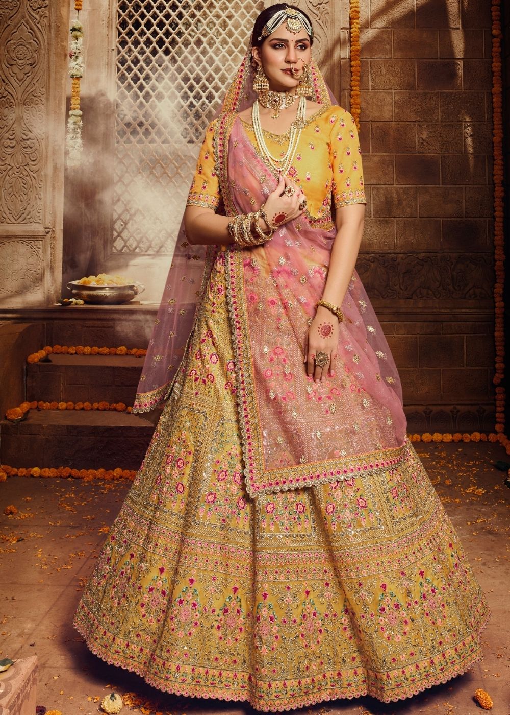 Macaroni Yellow and Pink Organza Bridal Lehenga Choli