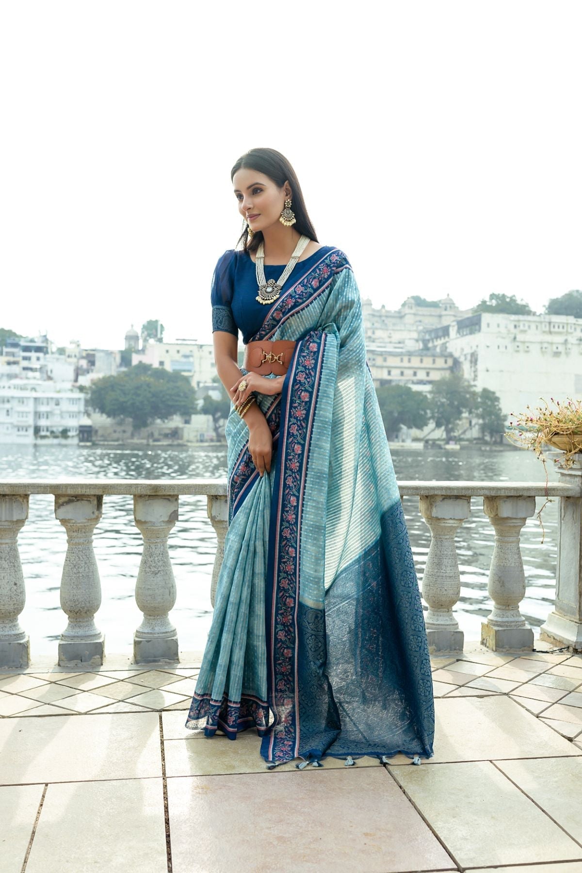 Steel Teal Blue Cotton Silk Saree