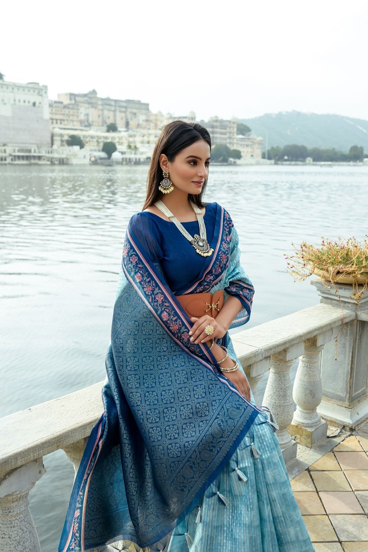 Steel Teal Blue Cotton Silk Saree