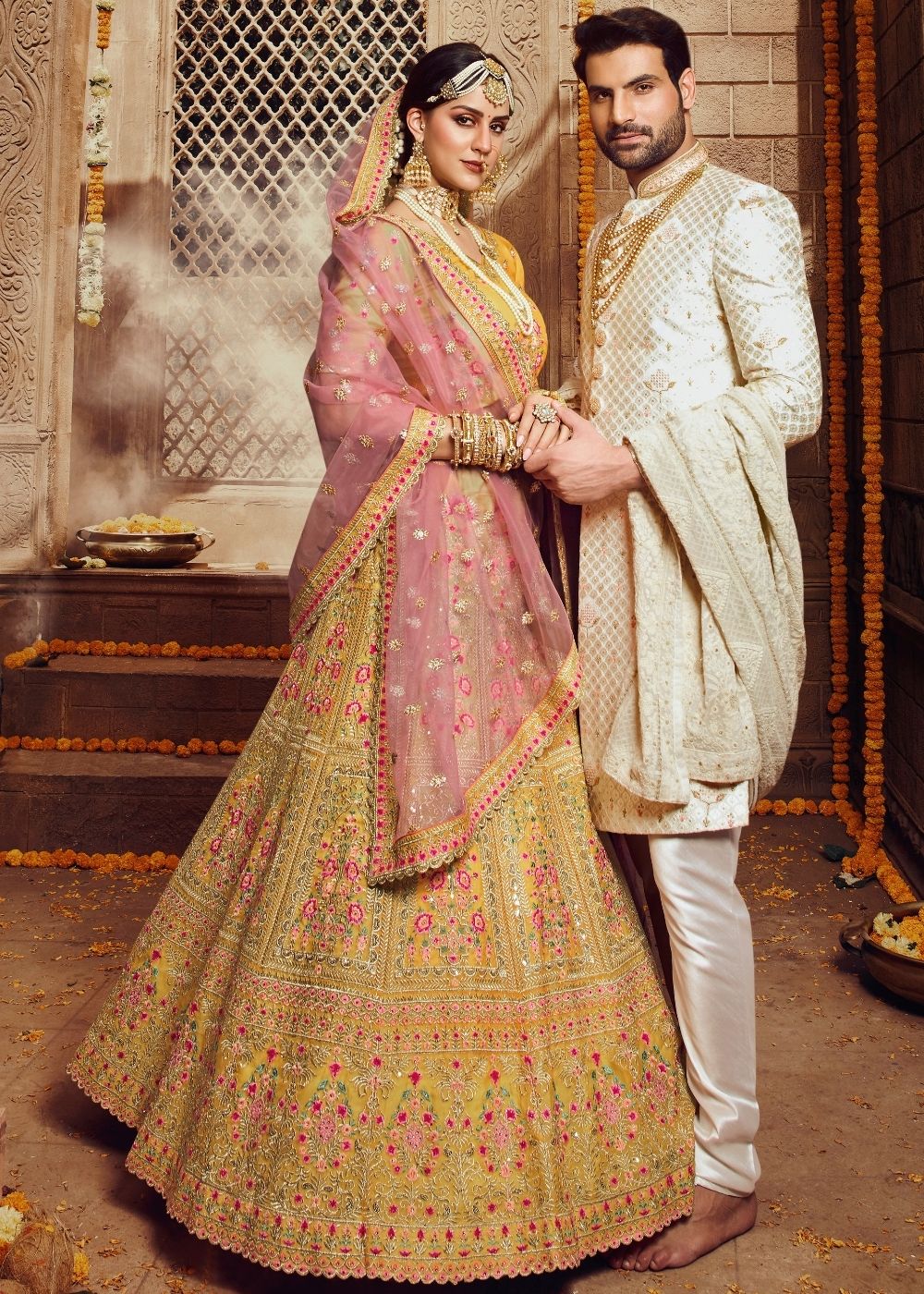 Macaroni Yellow and Pink Organza Bridal Lehenga Choli