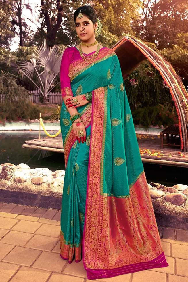 Paradiso Blue and Pink Zari Woven Kanjivaram Saree