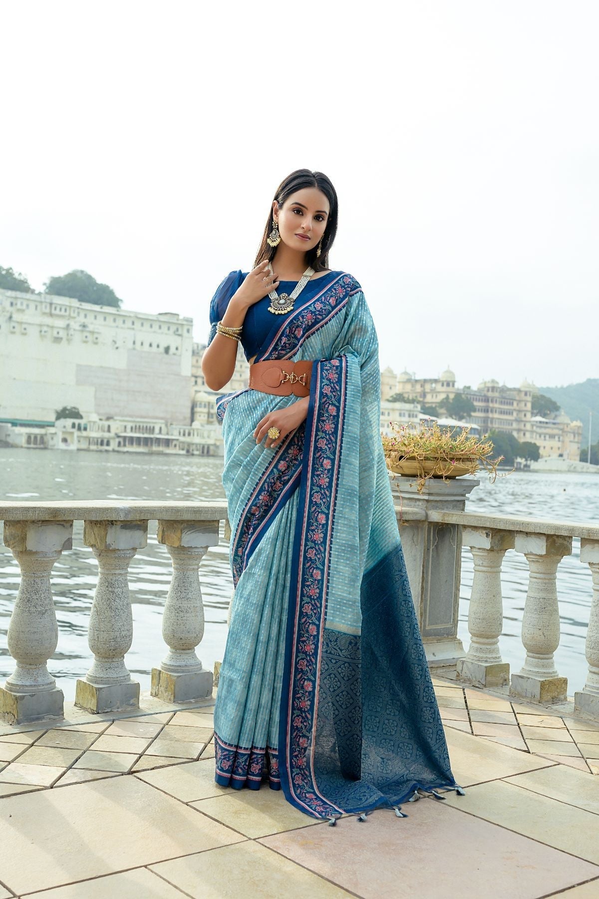 Steel Teal Blue Cotton Silk Saree