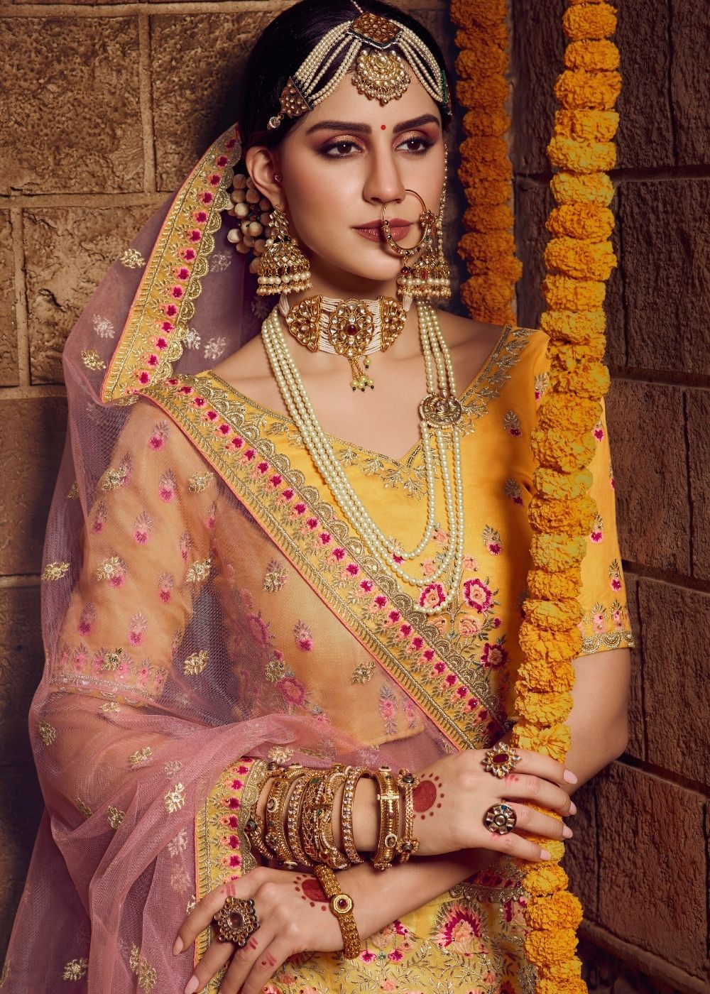 Macaroni Yellow and Pink Organza Bridal Lehenga Choli