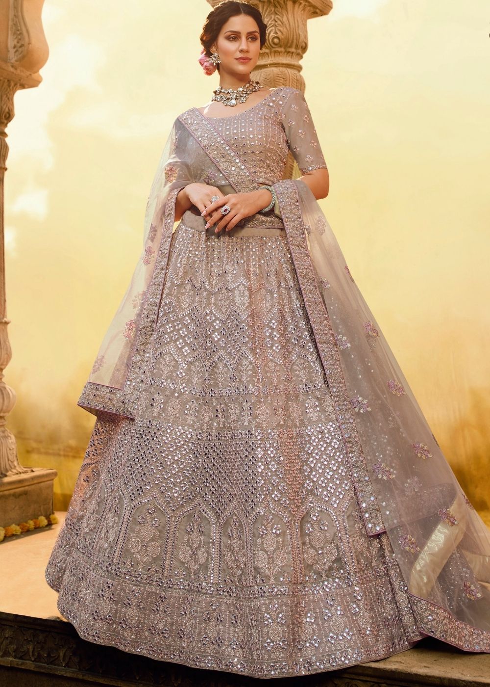 Clam Shell Pink Crepe Bridal Embroidered Lehenga Choli