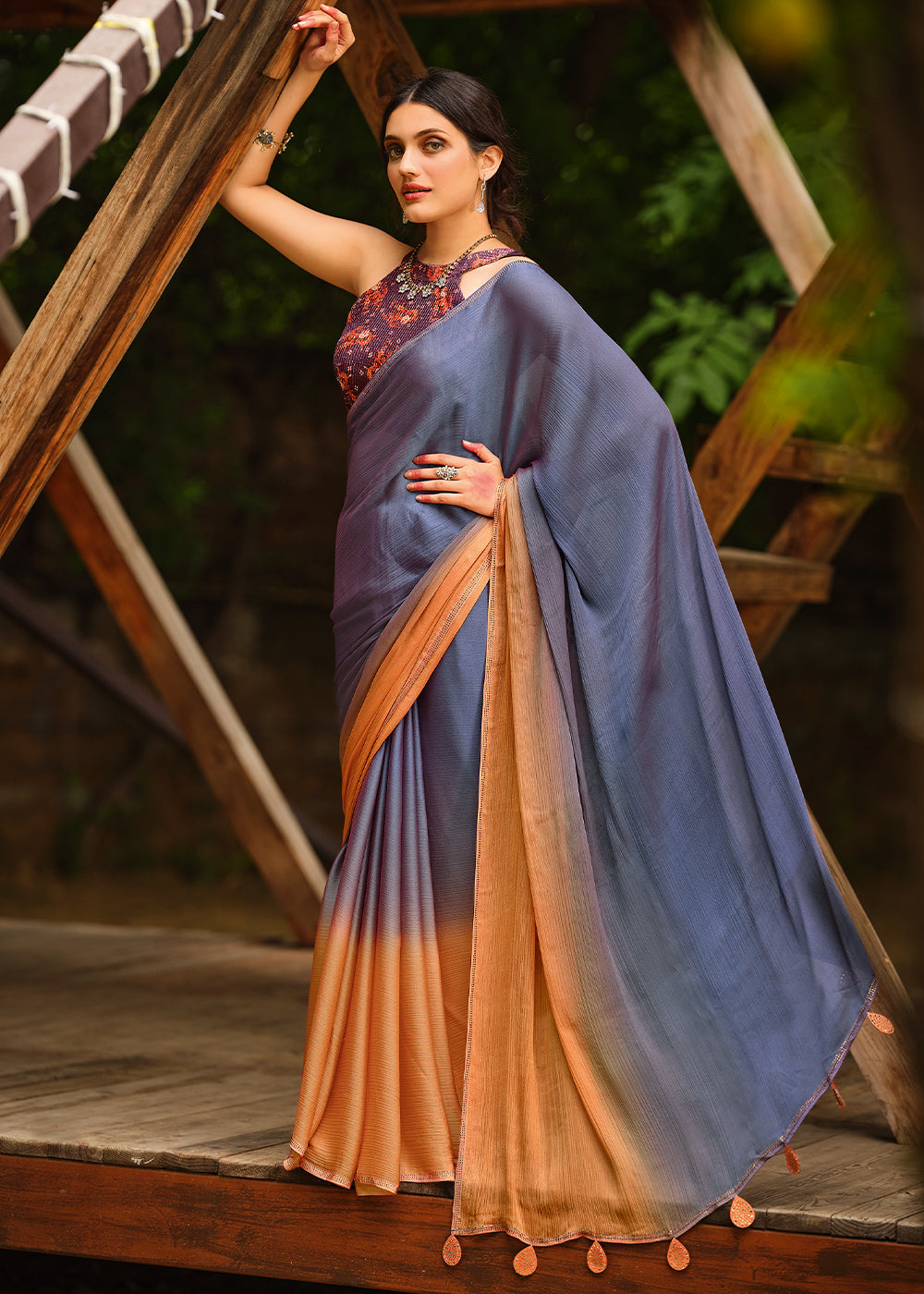 Comet Blue and Orange Chiffon Saree With Printed Blouse