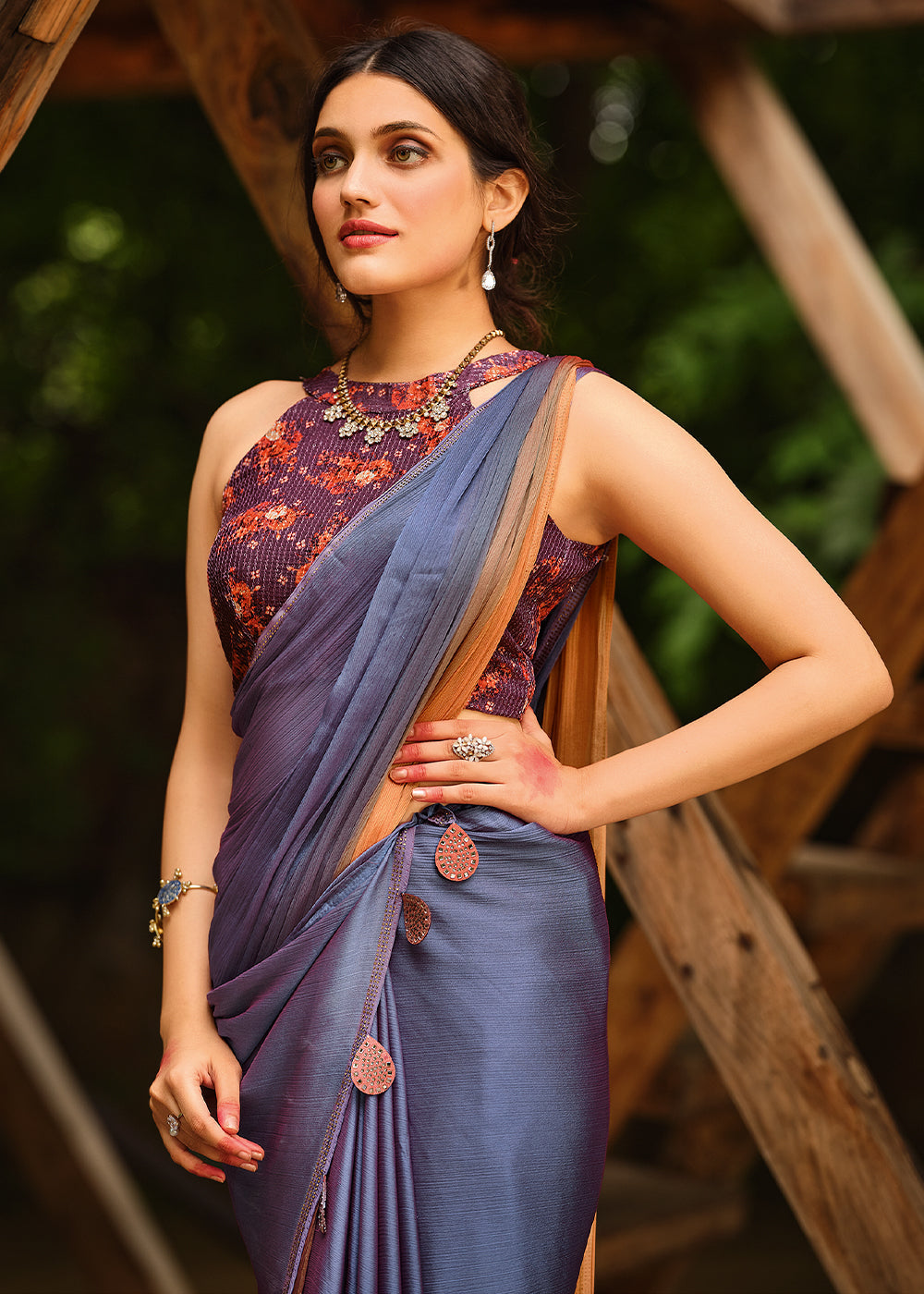 Comet Blue and Orange Chiffon Saree With Printed Blouse