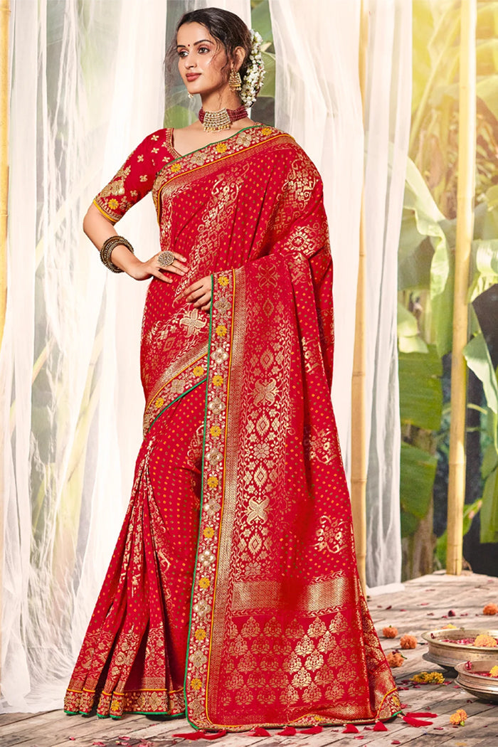 Monza Red Handloom Woven Designer Banarasi Saree