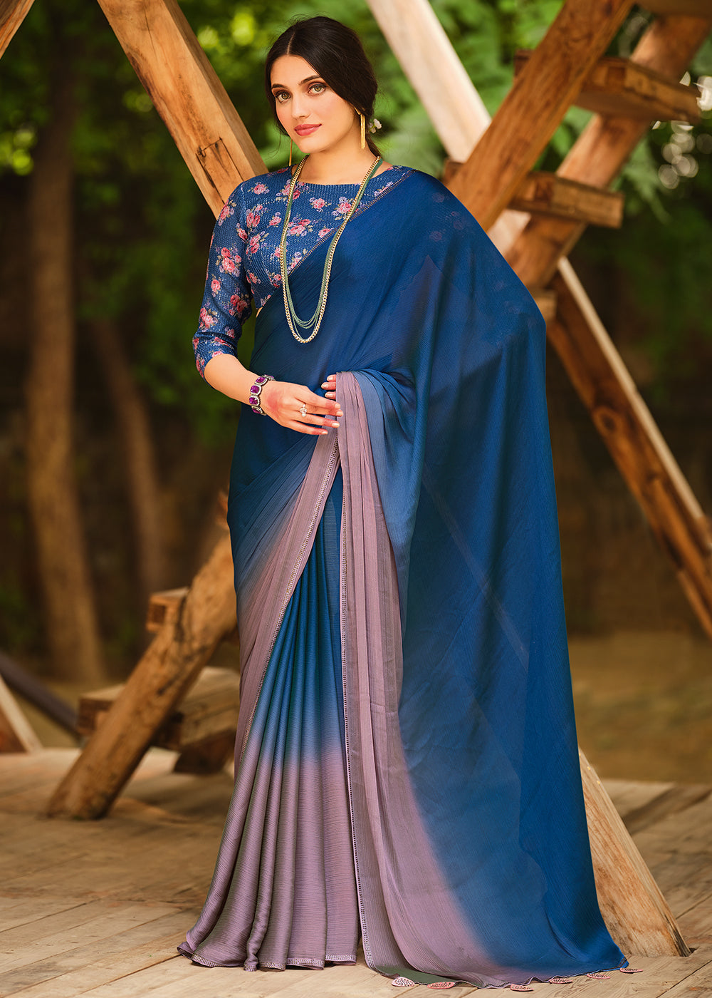 Lynch Blue and Purple Chiffon Saree With Printed Blouse