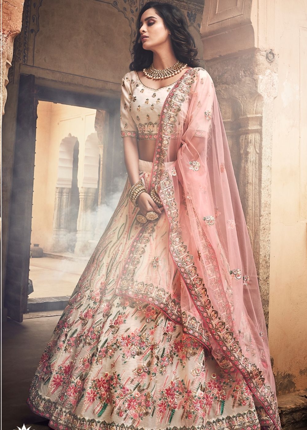 Melon Pink Off White Organza Lehenga Choli