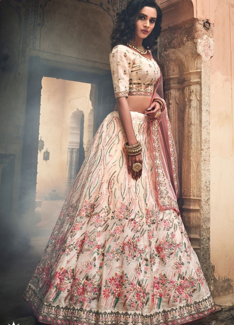 Melon Pink Off White Organza Lehenga Choli