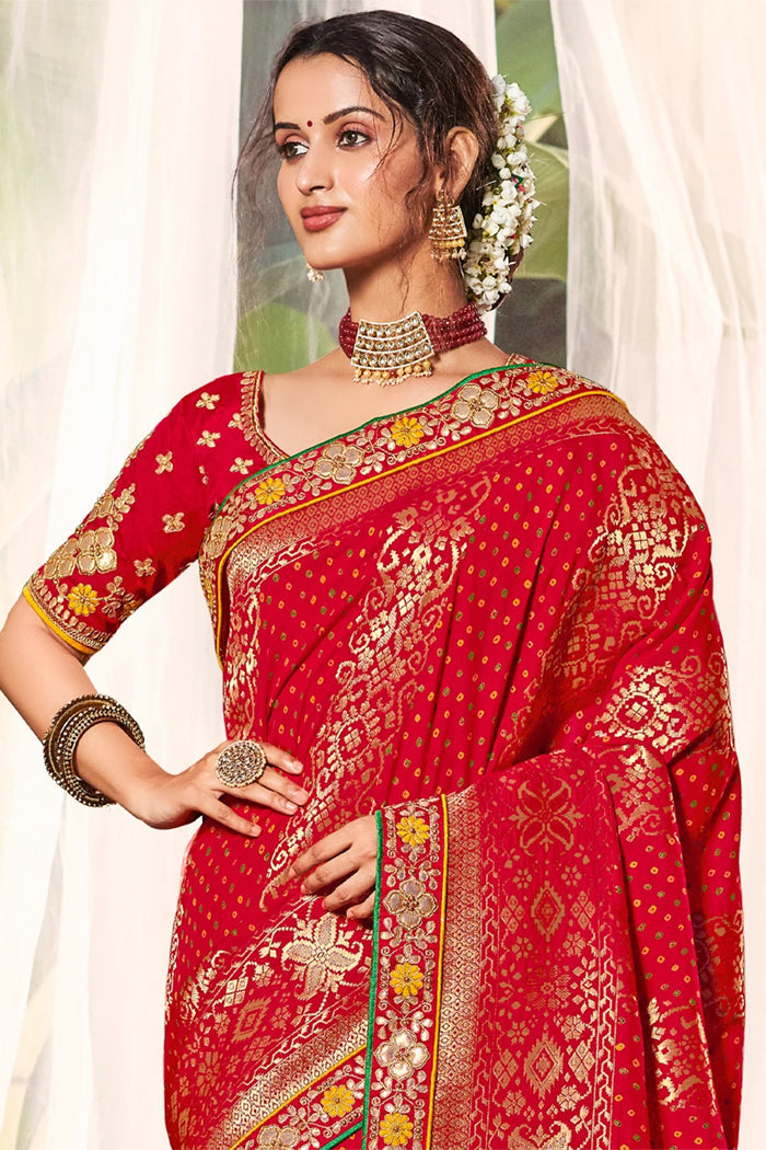 Monza Red Handloom Woven Designer Banarasi Saree