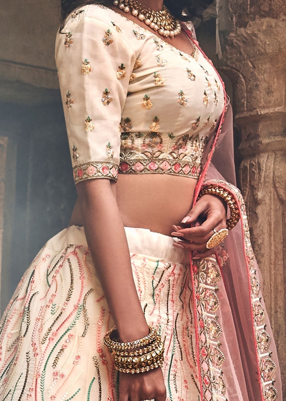 Melon Pink Off White Organza Lehenga Choli