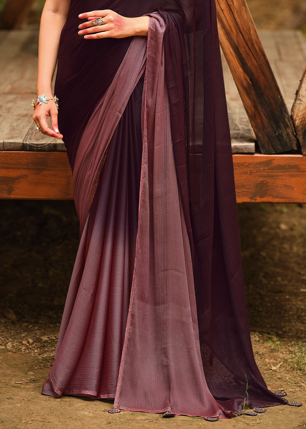 Tamarind Brown  and Purple Chiffon Saree With Printed  Blouse