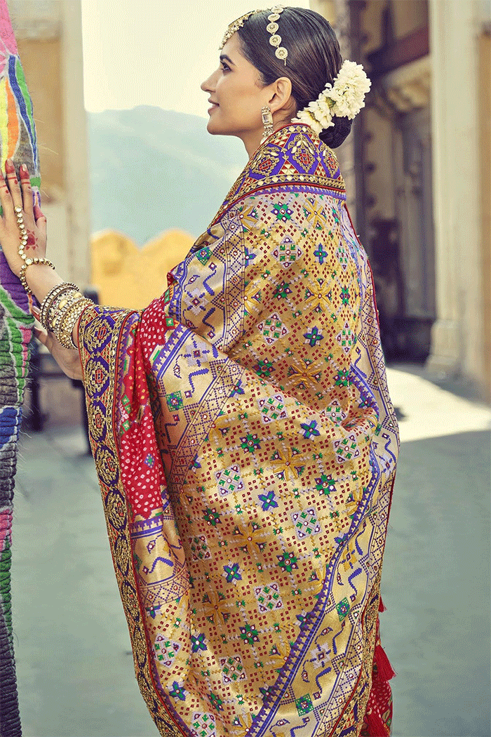 Roman Red and Purple Zari Woven Bandhej Patola Saree with Designer Blouse