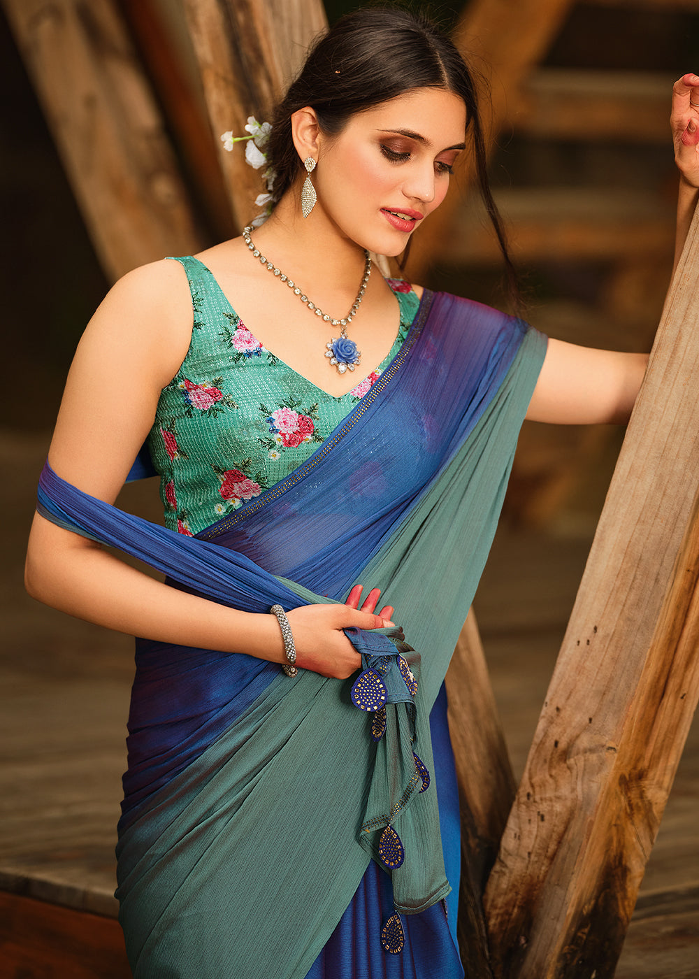 Indigo Blue and Green Chiffon Saree With Printed  Blouse