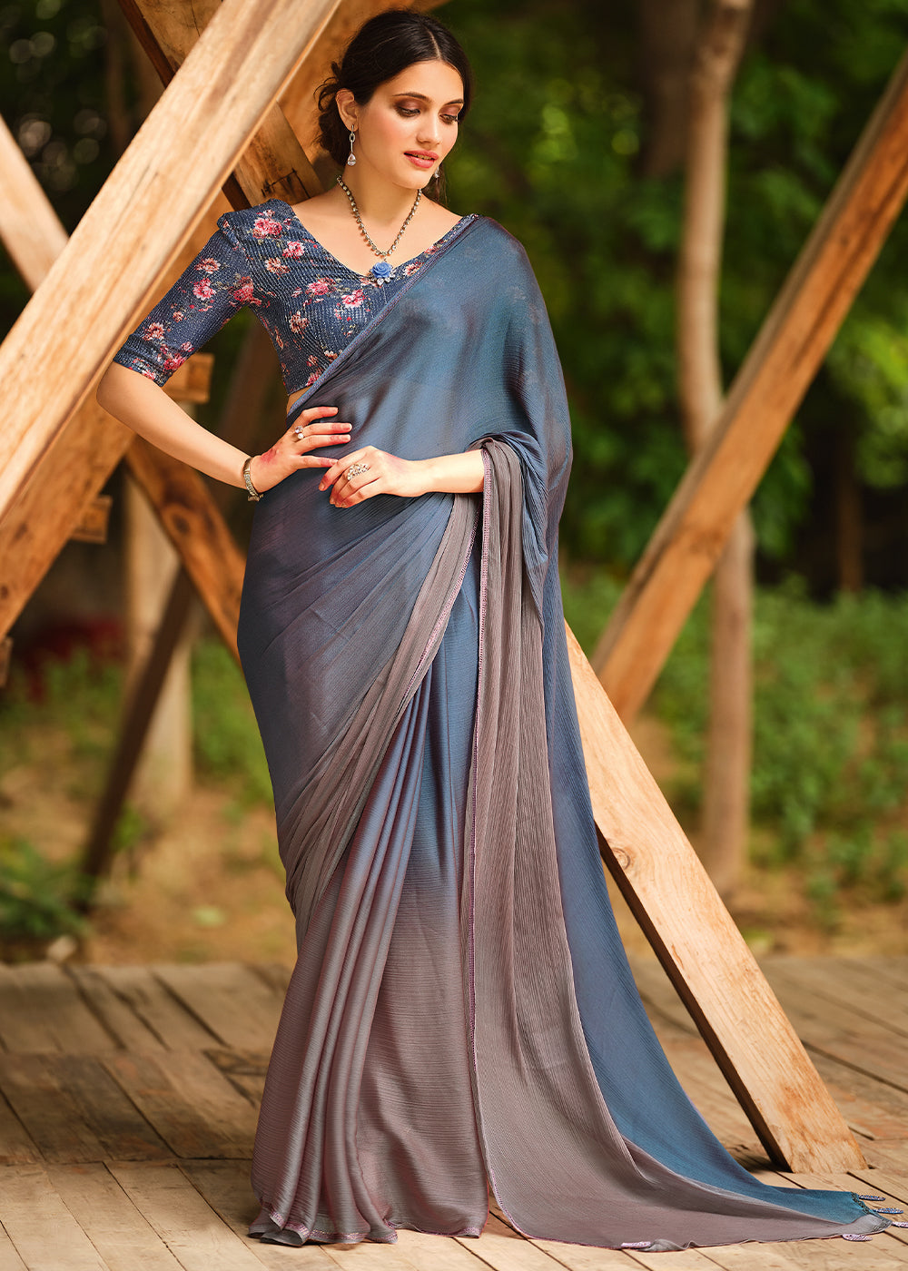 Opium Grey and Brown Chiffon Saree With Printed  Blouse