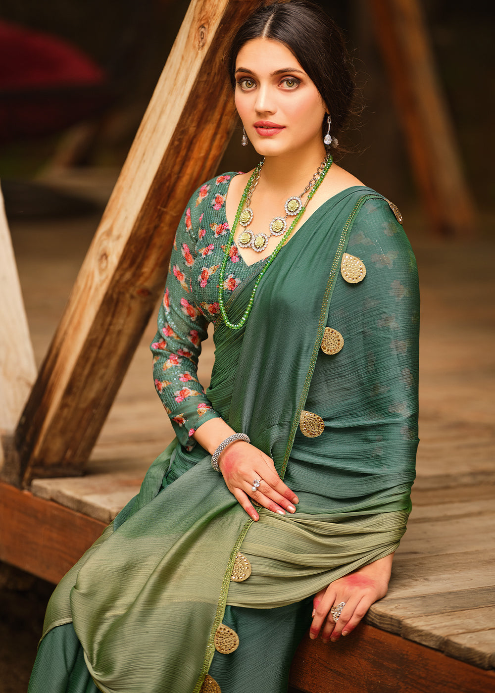 Cactus Green and Light Green Chiffon Saree With Printed  Blouse