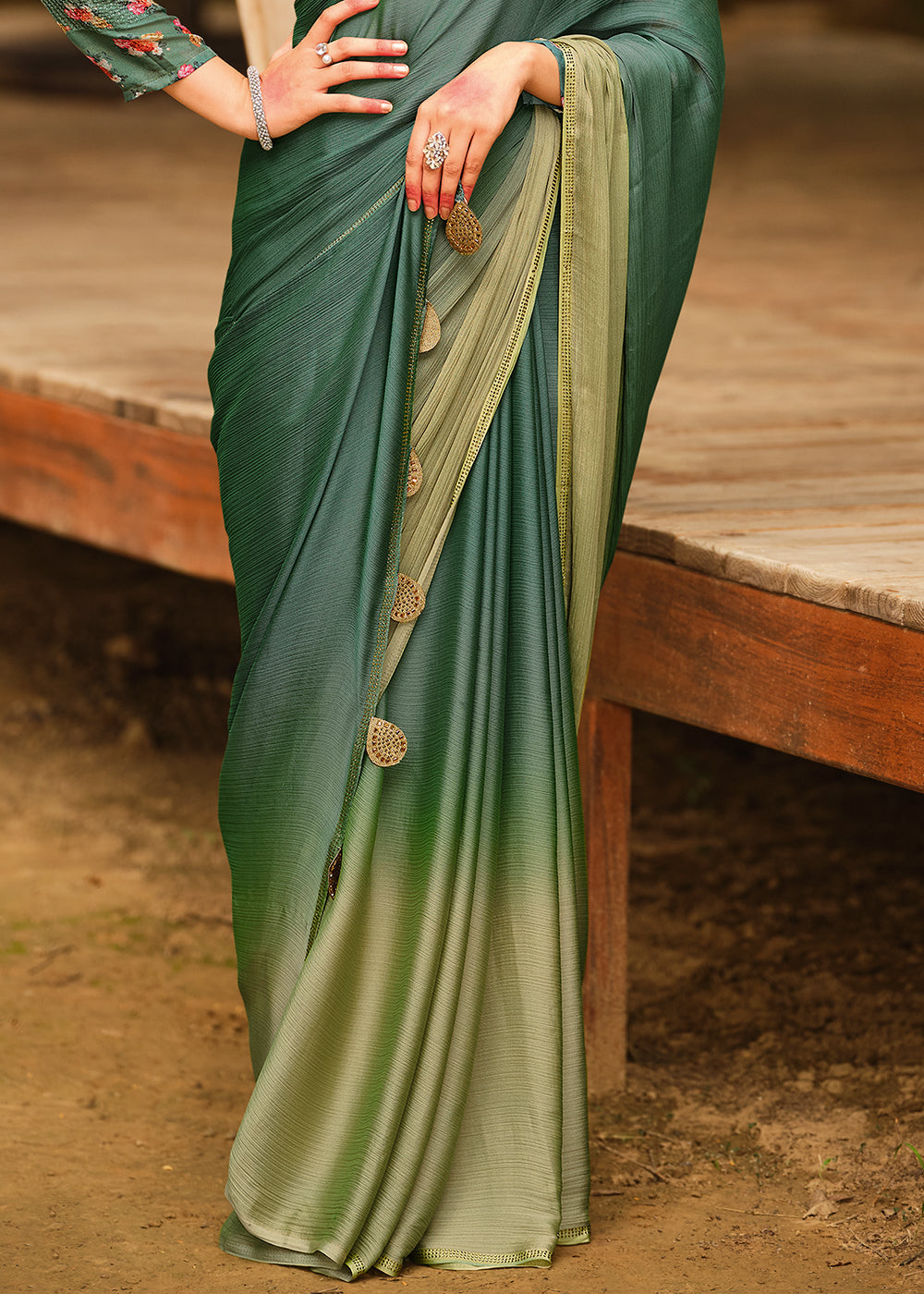 Cactus Green and Light Green Chiffon Saree With Printed  Blouse