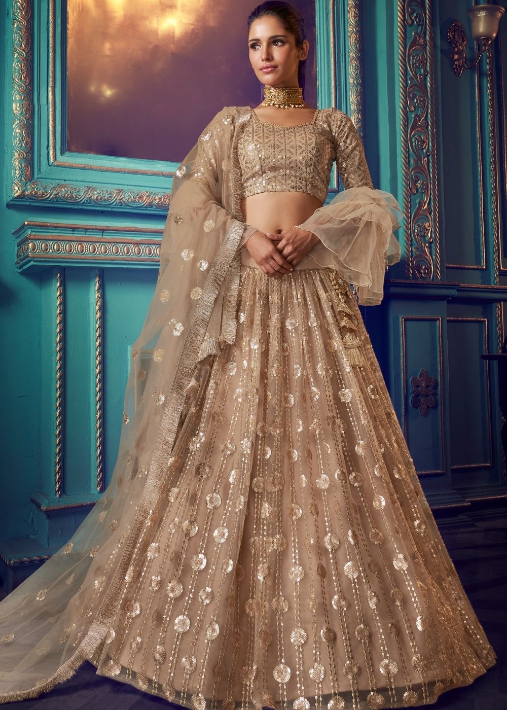 Sandrift Brown Designer Soft Net Lehenga