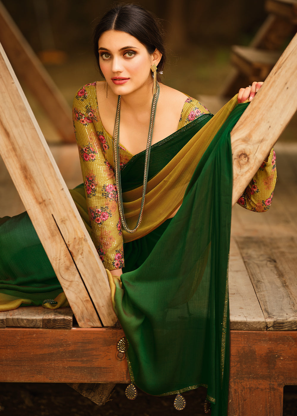 Chalet Green and Yellow Chiffon Saree With Printed  Blouse