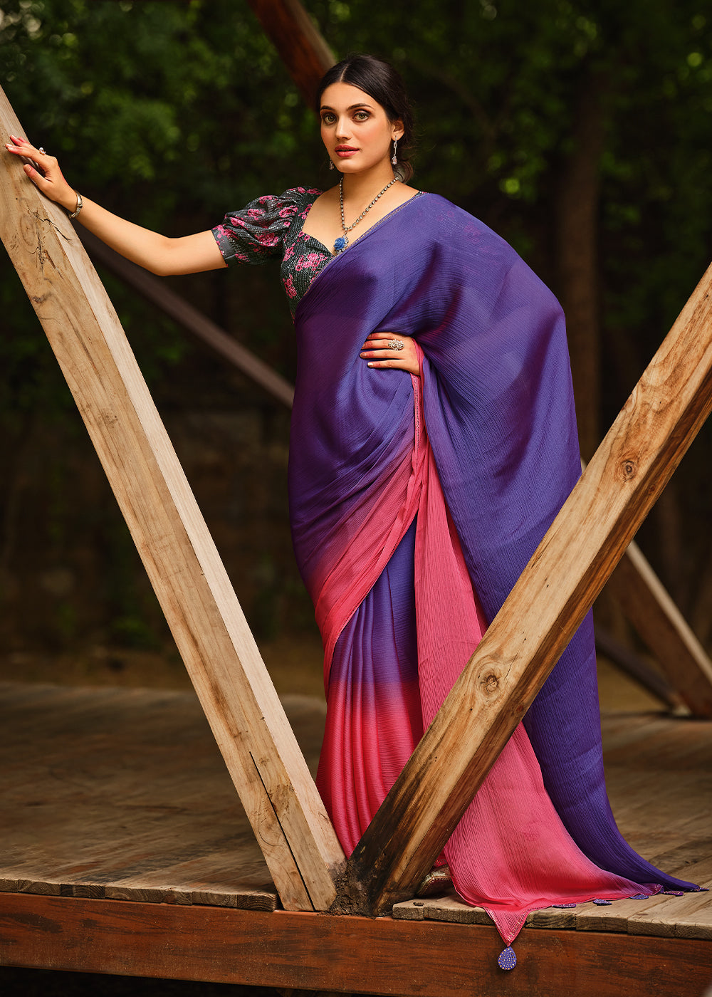 Scampi Purple and Pink Chiffon Saree With Printed  Blouse