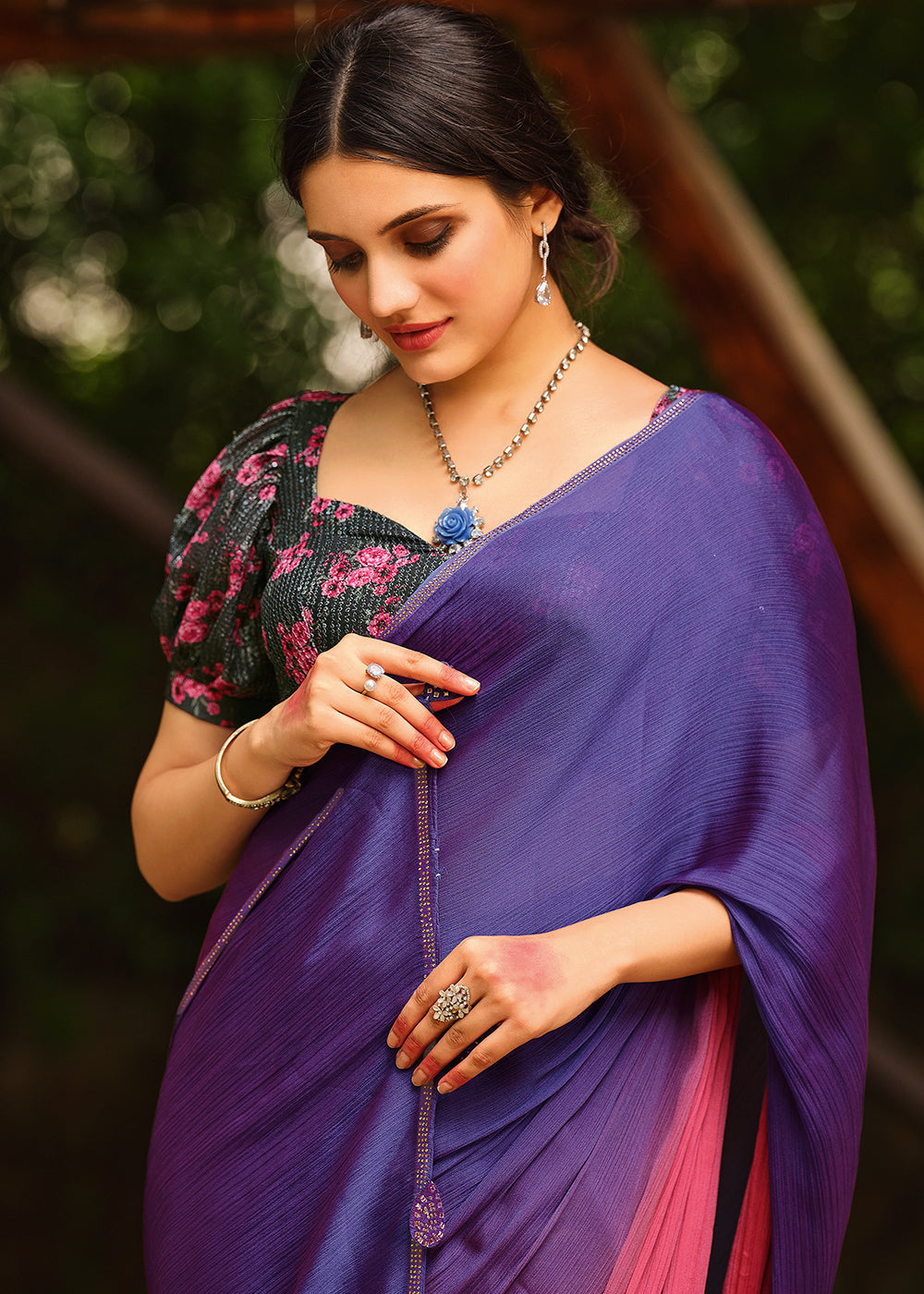 Scampi Purple and Pink Chiffon Saree With Printed  Blouse