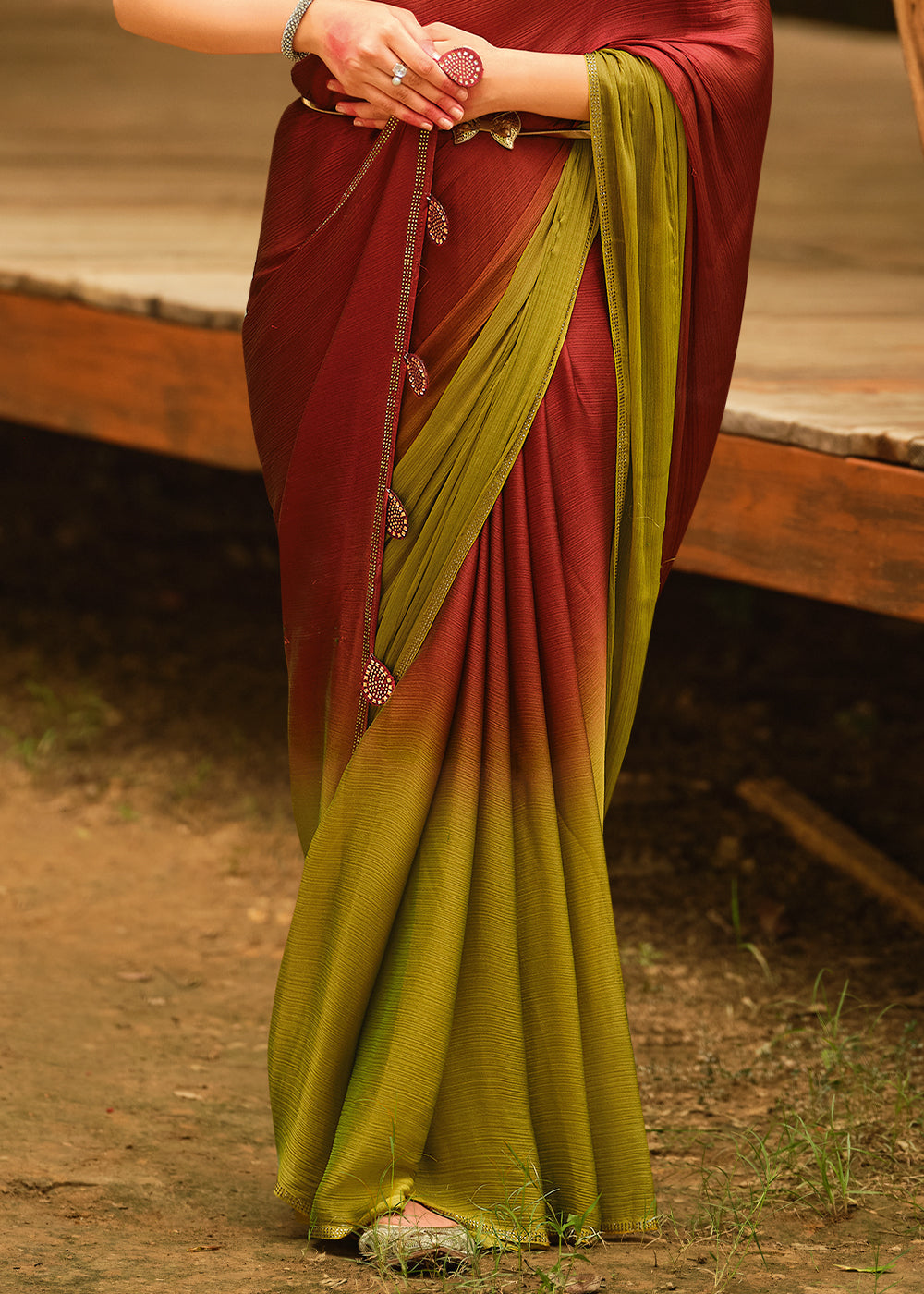 Rebel Red and Green Chiffon Saree With Printed  Blouse