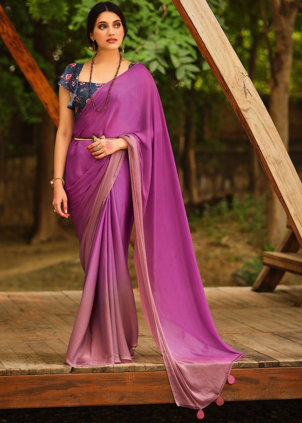 Hopbush Purple and Blue Chiffon Saree With Printed  Blouse