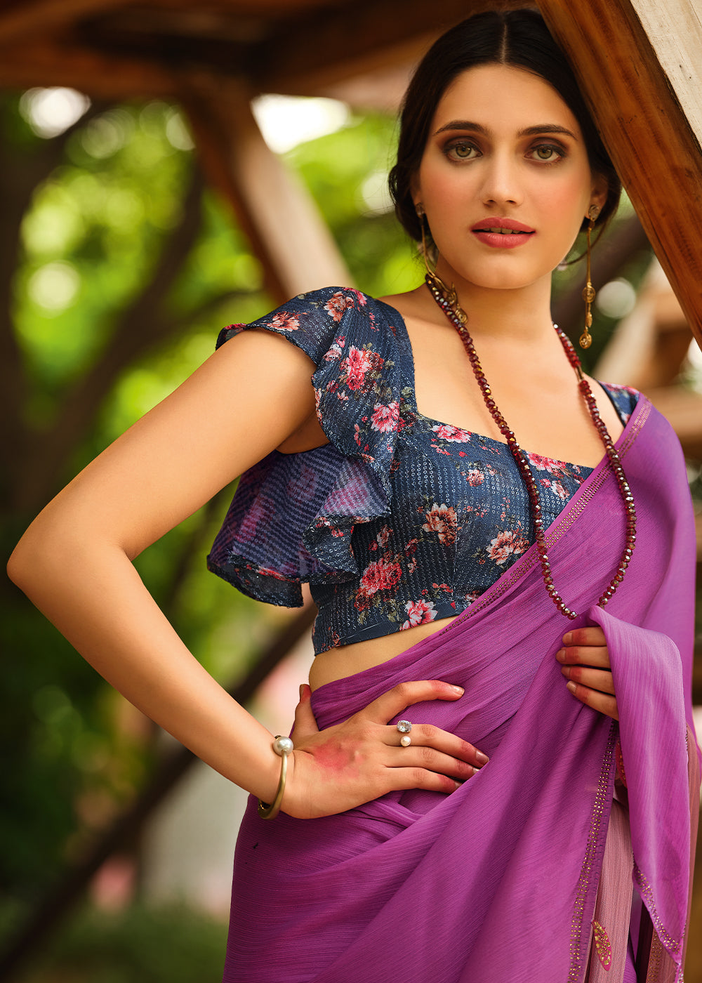 Hopbush Purple and Blue Chiffon Saree With Printed  Blouse