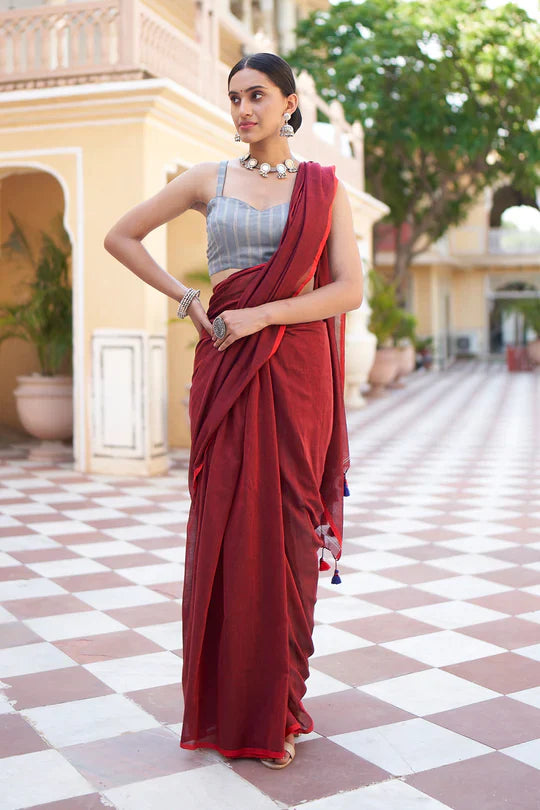 Well Red Handblock Mulmul Cotton Saree