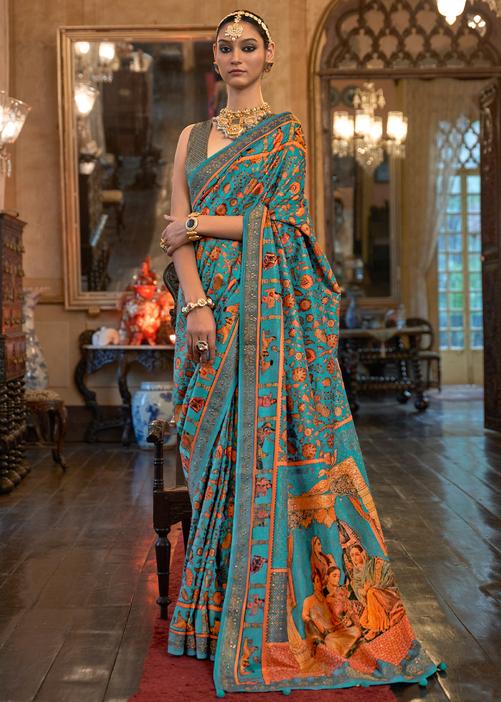 Astral Blue Digital Printed Patola Saree