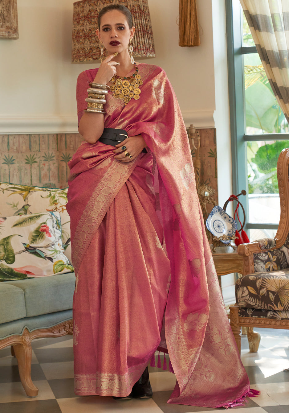 Copper Pink Woven Banarasi Satin Tissue Silk Saree