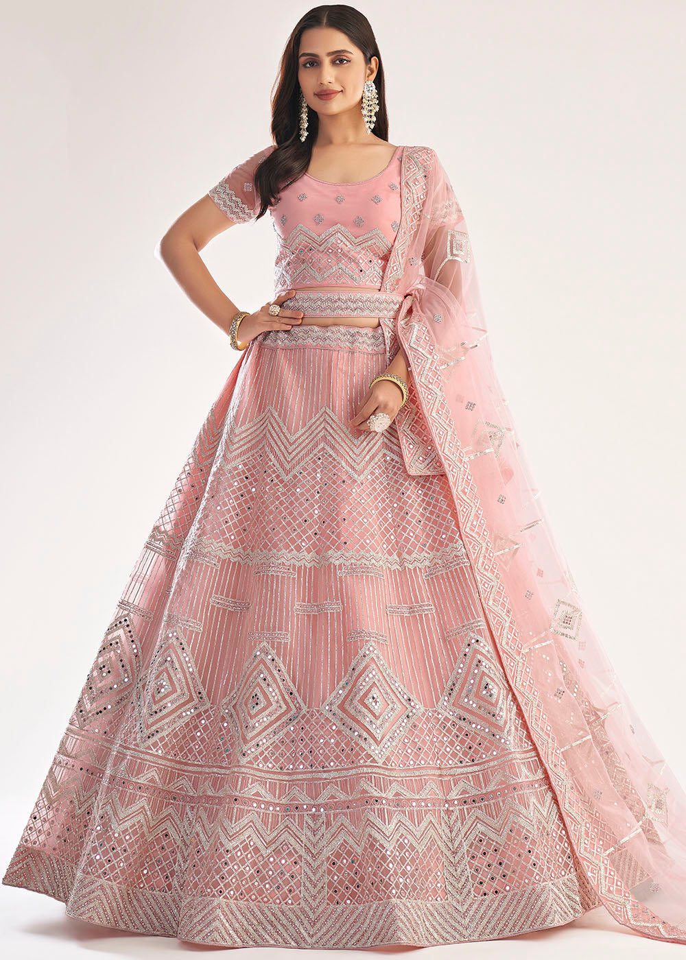 Cavern Pink Net Designer Lehenga Choli