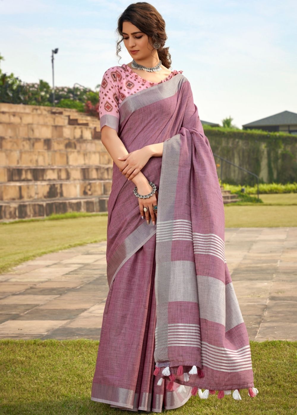 Pearl Purple Soft Linen Silk Saree