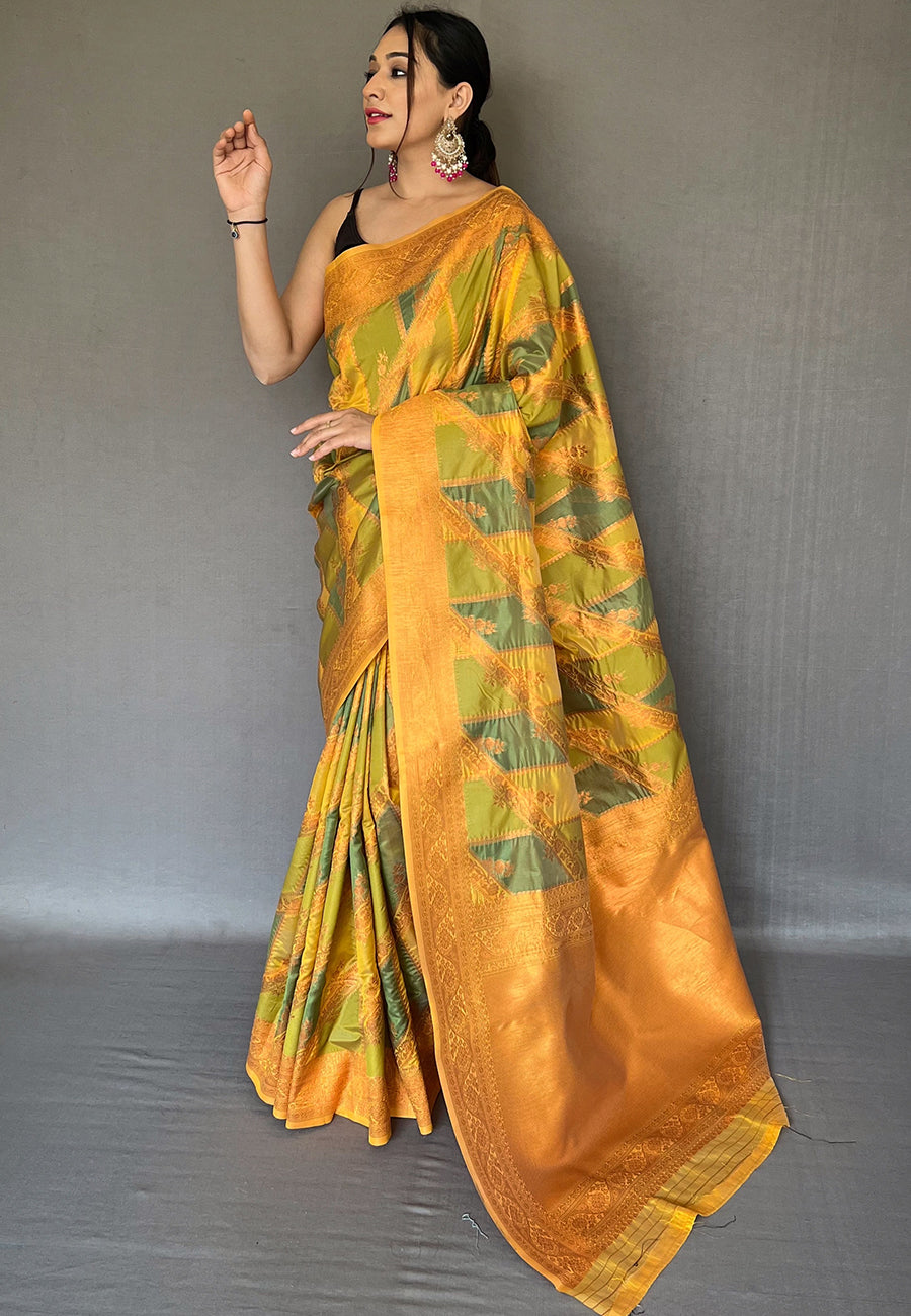 Barley Corn Green and Yellow Copper Zari Woven Organza Saree